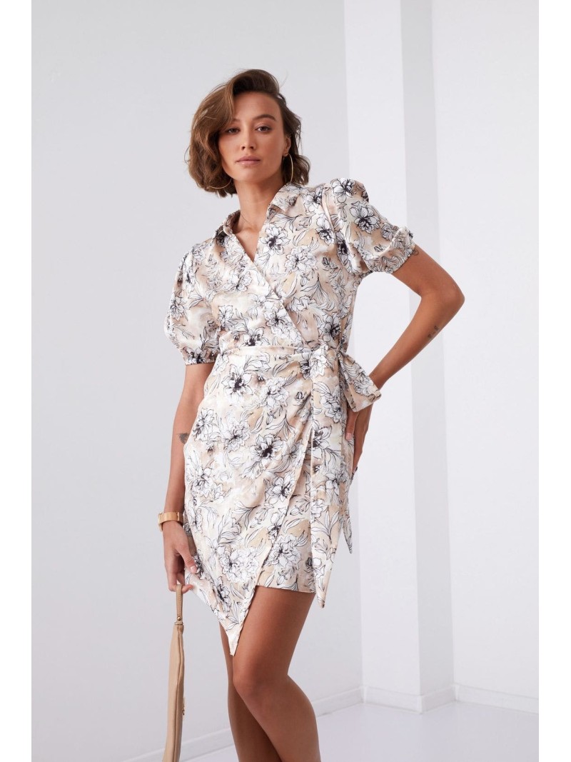 Floral print wrap dress with a collar, beige FG638 - Online store - Boutique